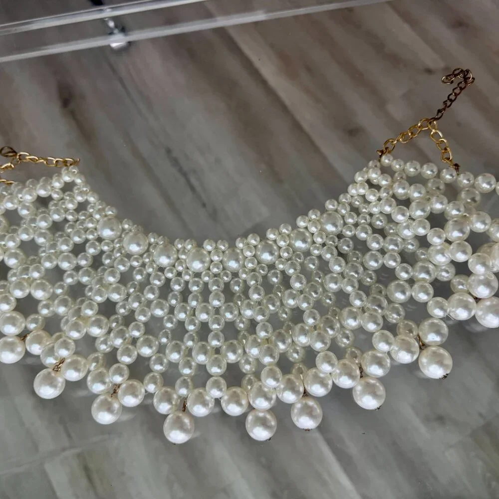 White Pearl Layered  Choker Statement Necklace - Picture 3 of 4